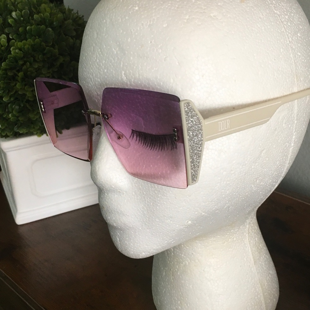 Purple Pink Gradient Shield Sunglasses with Cream Glitter Temples